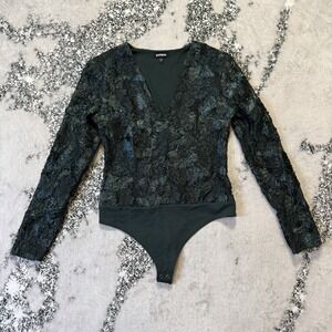 Express Bodysuit Women Size M Green Lace Embroidered Floral Long Sleeve Romantic